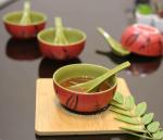 LA TABLEWARE Hand Painted Ceramic Soup Bowl with Spoon, Red 300 ml - Set of 4