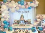 SpecialYou.in frozen theme birthday decorations for girls, white net Curtain cloth backdrop, Fairy Lights, Purple Balloons themed party supplies decoration of girl - 71 Pcs