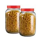 Piramal Glass Round Shape Clear Aahar Jars and Containers for Kitchen Pantry, Snacks, Masala, Pickles, Dry Fruits, and Coffee Beans Storage with Red Color Plastic Lid (2KG, Set Of 2)