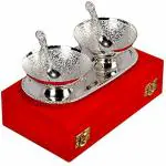 AC Anand Crafts Gifts German Silver Bowl Set / wedding gift Bowl Set with Royal Looking Velvet Box Pack, Ideal for Used Dry Fruit, Desert and Serving Set (Tray Set of 5 piece) (Floral Silver Patteren)