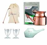 OREAYU Yoga and Ayurveda Copper Jala Neti Pot / Jal Neti Lota for Sinus, Nose Irrigation and Cleaning (300 ml) Copper Neti , Eye Wash Cup, Copper Tongue Cleaner and Plastic Neti Pot and Neti Salt 200gm (5 Combo)