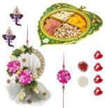 Feastive Celebrations A Pristine Pearl Floral Bhaiya Bhabhi Rakhi Loomba Set With Meenakari Dry Fruits And Dehydrated Fruits Tray, Pair Of Ganesha Soan, Pooja Rakhi, Kesar And Chawal (Set Of 4)