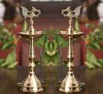 Denique Brass Nakshi Peacock Kerala Deepam Diya, Deepak, Lamp Design Long Diyas for Home pack 2
