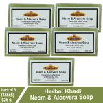 Herbal Khadi Natural Neem & Aloevera Soap Clear & Glow Moisturize Skin Remove Dryness & Heat with Rose Water, Coconut oil Makes Skin Soft & Glamour for Men and Women (Pack of 5) (625 g)