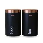 METKING Tea Sugar Containers Set - Black Color Coated Canisters for Your Kitchen, Perfect Sugar Tea Container Set, Tea Jar and Sugar Boxes for Kitchen Storage (Tea Sugar Set, Stainless Steel)
