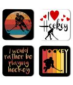 Whats Your Kick Hockey Games I Love Hockey Quotes With Different Design With Black Background Printed Set of 4 Coaster With Metal Stand