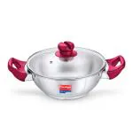 Prestige Platina Popular Stainless Steel Unique Impact Forged Bottom Kadai with Toughened Glass Lid, 22cm (2.25 L) (Silver)