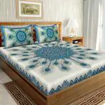 UniqChoice Blue Cotton Jaipuri Double Bedsheet with 2 Pillow Cover 215 x 240 cm (22_ Blue_ 89)