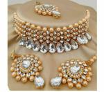 Gyaan Jewels Handmade Gold Plated Alloy Necklace, Earring and Maang Tikka Set White (Women) Free Size