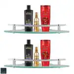 MOTIQO Premium Froested Glass Bathroom Shelves Wall Mount Shower Corner Shelf with Rail Floating Glass Shelves for Bathroom Kitchen Livingroom Combo (9 x 9 Inch - Set of 2)