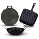 The Indus Valley Pre-Seasoned Cast Iron Cookware Set | Tawa (27.9 cm) + Grill Pan (25 cm/1.5L) + Kadai (24.6 cm/2.7L) | Kitchen Cooking Combo Pots and Pans Set of 3Pcs | Naturally Nonstick