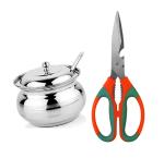 FIRST FRONT Stainless Steel Multipurpose Ghee Pot/Pickle Container with Spoon With Multipurpose Heavy Scissor Stainless Steel Kitchen Scissor and (Multicolour, Pack of 2)