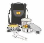 NAKODA VISTARA SMALL INSULATED LUNCH PACK | 3 STAINLESS STEEL CONTAINERS 200ML | 300ML | 400ML | STEEL SPOON & FORK | SET OF 3 | GREY