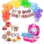 Festiko Set of 37 Pcs It's Our First Rakhi Combo (Banner, Balloons, Photobooth Props, Makeup Set Toy Frojen), Raksha Bandhan Decoration Combo