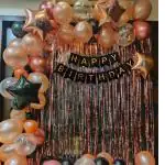 SHANAYA Rose Gold Birthday Decorations Combo Black Banner With Confetti Balloons, Star Foil Balloons, Foil Curtain for 1st 18th 21st 25th 50th 60t