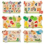 Little Berry My First Wooden Puzzle Tray (Set of 6): ABC, Numbers, Fruits, Vegetables, Jungle Animals, Farm Animals - Knob and Peg Puzzle Multicolour - 76 Pegs