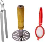 Niyara Enterprise Premium quality kitchen tools Tong/Chimta, Wood Steel Vegetable Masher, Tea Milk Coffee Strainer Kitchen Tool Set (Multicolor)