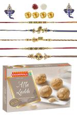 Feastive Celebrations Bikanervala Atta Laddu With 5 Sacred Rakhis, Pair Of Ganesha Soan, Pooja Rakhi, Kesar And Chawal, 500 Gm (Set Of 4)