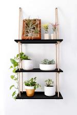 Vah Black Wooden Wall Hanging Shelf Rustic Rope Shelves Plant 3 Tier