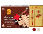 Bhikharam Chandmal - Premium Rakhi for Brother (Bhaiya & Bhabhi) with Roli & Chaval - Raksha bandhan Sweets Gift Hamper - Chocolate Soanpapdi - (C-161)