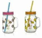 SATYAM KRAFT 2 Set Glass Fruit Mason Jar for kitchen Storage Container and Beverages, Jars, Hole in Airtight Lid, Handle Mug for Milk, Tea, Coffee, Juice, Shakes, Soft Cold Drinks, Smoothie (500 ml)