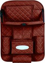 Autofurnish Brown Faux Leather Car Organizers With 10 Pockets And Meal Tray