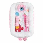 Superminis Pink Cotton Digital Print Portable Baby Nest Bedding Set, Play Gym Mattress, Frill Head Shaper With Side Pillow, Detachable Mosquito Net For Newborn To Toddlers (0-6 Months)