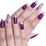 Secret Lives Acrylic Press on Designer Artificial Fake Nails Extension Matte Dark Purple Color Golden Tips 3D White Pearls 24 pcs Set with Kit