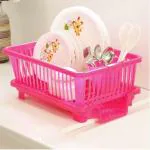 DDecora Dish Drainer Kitchen Rack Plastic in 1 Large Sink Set Drying Washing Basket with Tray(PINK)