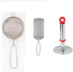 Gresspor Silver Steel Tea Coffee Liquid Strainer, Grater And Pav Bhaji Masher Kitchen Tools (Pack Of 3)