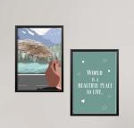 Vasl Wood Multicolor World Is A Beautiful Place To Live Wall Art Frames Painting - 11 X 14 Inch (Pack Of 2)