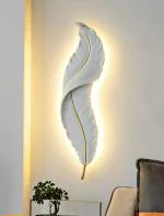 UPZING DECOR MDF Roya Led Wall Sconce for Bedroom Luxury Best Living Room Light Fixture Modern Feather Design Indoor Lustre Resin Lamps (White/Golden)(24X9 Inch)