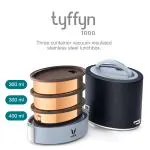 Vaya Tyffyn Copper-Finished Stainless Steel Lunch Box Without Bagmat, 1000 ml, 3 Containers, Black