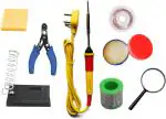 Plantum Multicolor Solder Wire, Soldering Iron, Soldering Paste Flux, Soldering Iron Stand, De Soldering Wick, Wire Cutter, Magnifying Glass, Sponge (Set Of 8)