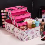 FlyKonix--3 Layer Leather Makeup Organizer Jewelry Cosmetic Desktop Storage Box Space Storage for Women (Pink Rose)