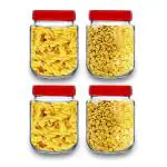 FeeloPie Round Shape Clear Aahar Jars and Containers for Kitchen Pantry, Snacks, Masala, Pickles, Dry Fruits, and Coffee Beans Storage with Red Color Plastic Lid (500ml, Set Of 4)