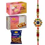 Haldiram's Nagpur Anmol Bandhan (Gift Box), Moti Choor Ladoo 500gm,Masala Kaju 35gm pack of 3 With Premium Rakhi