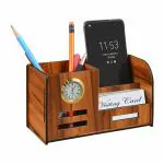 Pen Holder for Table Stylish | Wooden Pen Stand With Clock, Mobile and Visiting Card Holder for Office Desk and Study Table | Multipurpose Desk Organizer Aesthetic Accessories