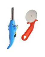 First Front Dolphine Shape Electric Gas Lighter With Stainless Steel Blade Red Handle Plastic Pizza Cutter and Multicolour, Pack of 2
