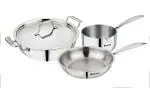 Bergner Argent Triply Stainless Steel 4Pc Cookware Set, 1-Saucepan 16cm, 1-Kadai 22cm, 1-Frypan 22cm