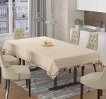 Bigger Fish Luxurious 6 Seater Velvet Plain with Border Dining Table Cover/Table Cloth (60x90 Inch) (Cream)