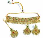 Gyaan Jewels Handmade Shop Global Gold Plated Brass Necklace, Earring and Maang Tikka Set Red (Women, Girls) Free Size