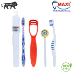 MAXI Oral Care Combo of 3-(1 Adults) For You Toothbrush Travel Pack & (1 TC) 1 Number Tongue Cleaner & (1 Kids) Milky White Baby Toothbrush and Tongue Cleaner-Oral Hygiene Kit