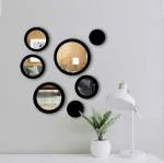 VAH-Kya Bat Hai !! Crystal Art 7 Piece Modern Black Frame Round Decorative Wall Mirror Set For Bathroom Wash Basin Living Room Bedroom Drawing Room Makeup Vanity Set of 1