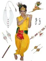 Kaku Fancy Dresses Polyester Krishna Costume For Kids|For Janmashtami/Kanha/Krishnaleela/Mythological Character Krishna Fancy Dress Costume For Boys/Girls - Yellow (1-2 Years)