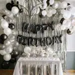 PARTY GLITERS 60 Pcs Happy Birthday Decoration Kit Combo For Boys Girls / Husband Wife / Brother Sister/ Father Mother / friend - Happy Birthday Letters , Silver Curtains , Black white & Silver Theme Metallic Foil Balloons