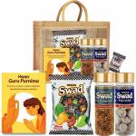 Swad Happy guru purnima Gift Hamper Set (Mixed Toffee & Rosted Saunf & Imli Ram Ladoo Pachak Mukhwas Mouthfreshener, 25 Candy & 2 bottle) with Greeting Card & Jute Bag,Gift Item