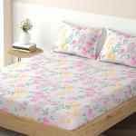HOKIPO Printed Elastic Double Bed Fitted Bedsheet, 72x72 inches with 2 Pillow Cover, Floral Beige (IN-690-D12)