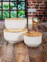 BOXOZA Porcelain Round Ceramic Bowl with Wooden Lid Casserole Bowls Mixing and Serving Bowls for Dining Table/Kitchen Great for Cooking Serving Microwave Safe, Dishwasher Safe(Set of 3pcs)