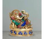 Idol Collections Multicolor Brass Ganesh Eating Ladoo On Asan Statue For Puja And Showpiece, 5 Inch